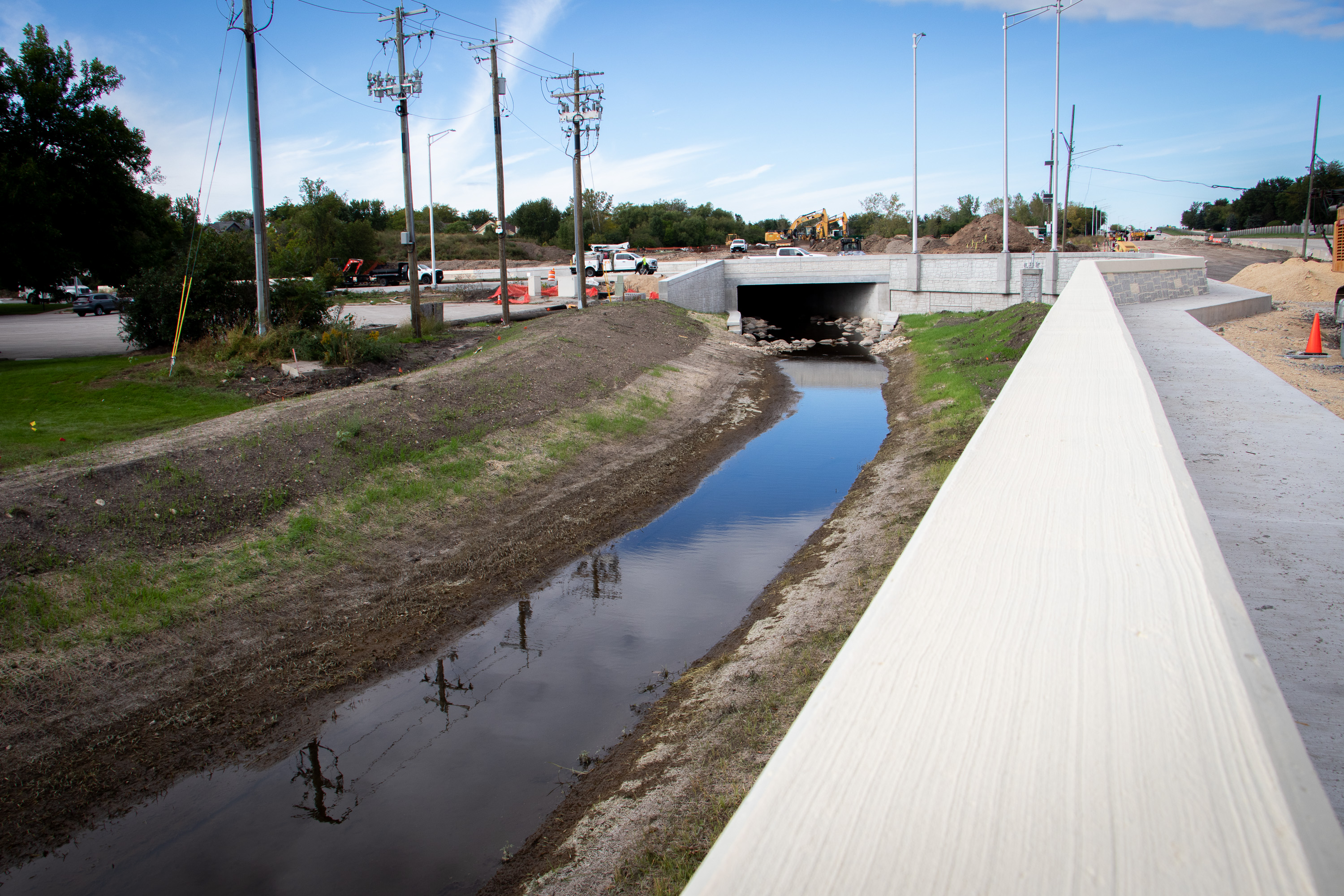 Looking north at the Miller Road Bridge and the newly realigned tributary